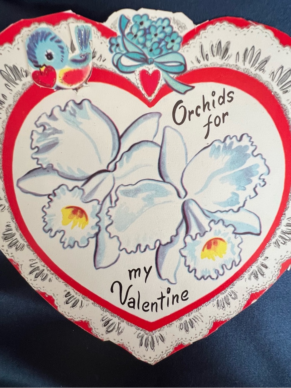 Vintage Valentines Day Card 1950s Heart-Shaped Valentine with Orchids